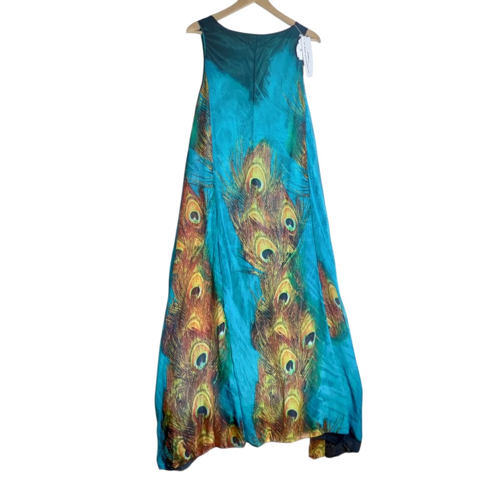 Wantdo Secret Peacock Feather Print Sleeveless Maxi Dress Turquoise Blue Large